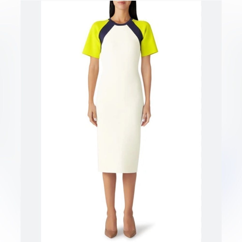St John Color Block Milano Knit Dress In Ecru/ Chartreuse Green